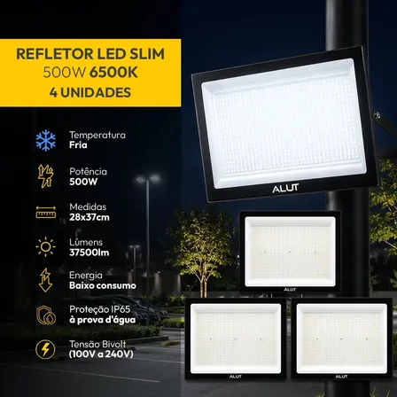 Kit 4 Refletor Led 500w 6500k Branco Frio Ip65 A Prova D'água Preto Cod: Alut010042-4 Alut By Avant
