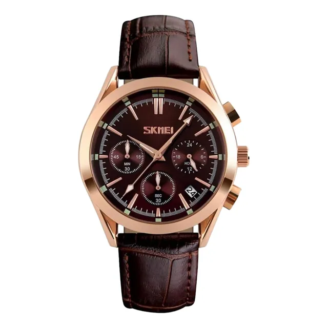 Reloj Casual Caballero Skmei 9127 Dorado Correa Cuero Cafe