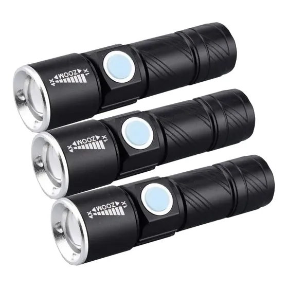 Pack X3 Linterna Led Potente Tactica Zoom Usb Recargable