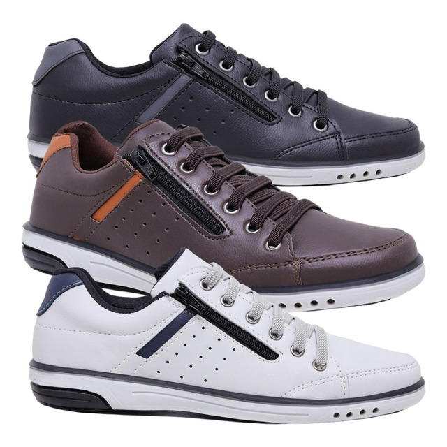 Kit 3 Pares De Sapatenis Masculino Casual Elástico Conforto Kit 3 Pares De Sapatenis Masculino Casual Elástico Conforto