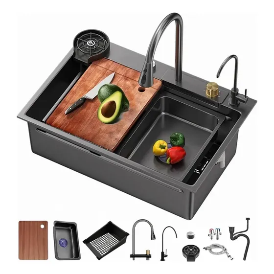 Pileta Cocina Bacha Doble Multifuncion Acero Inox Completa Color Negro