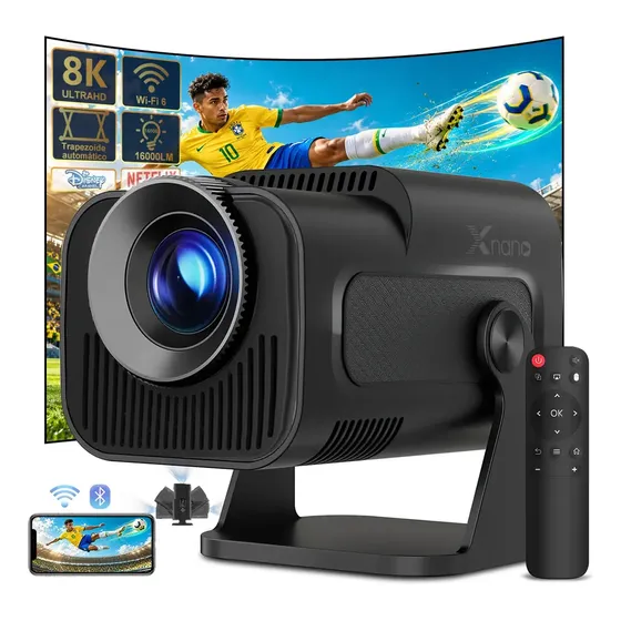 Projetor Smart Profissional Portátil 1080p Full HD WiFi6 8K Android Bluetooth HDMI USB Com Controle