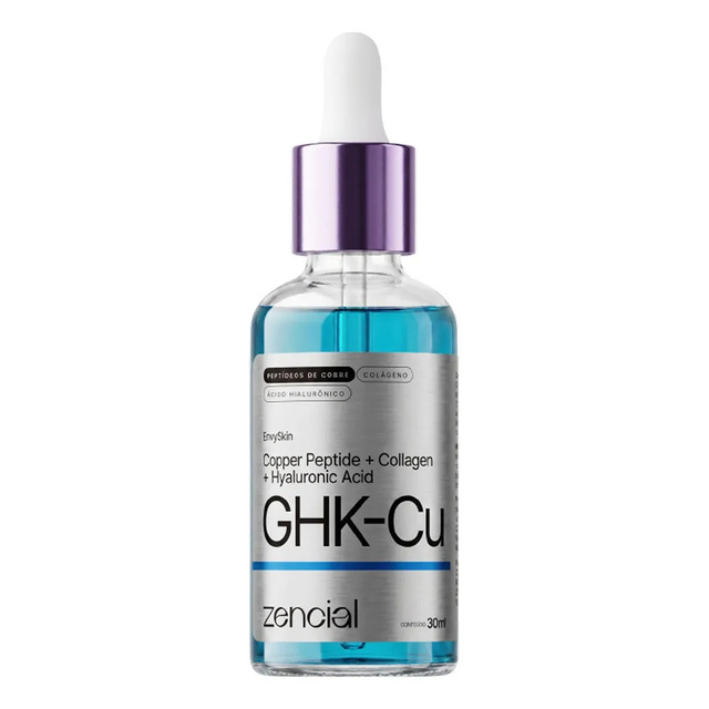 Frasco de vidro transparente com conta-gotas contendo sérum facial azul da marca Zencial, rotulado como GHK-Cu Peptídeo de Cobre + Colágeno + Ácido Hialurônico.