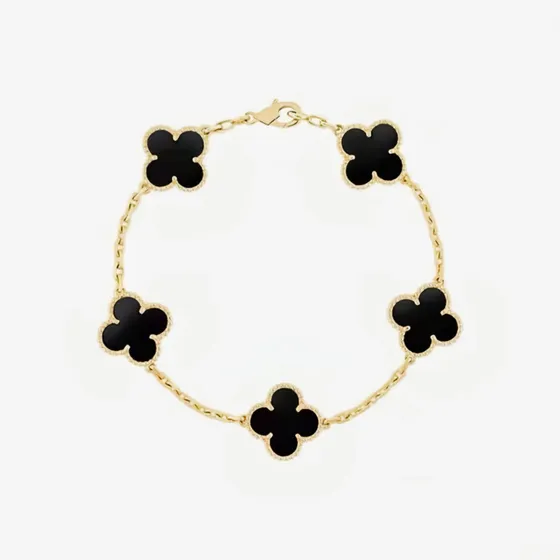 Pulsera Trébol Onix Negro Bañado En Oro De 18 Quilates