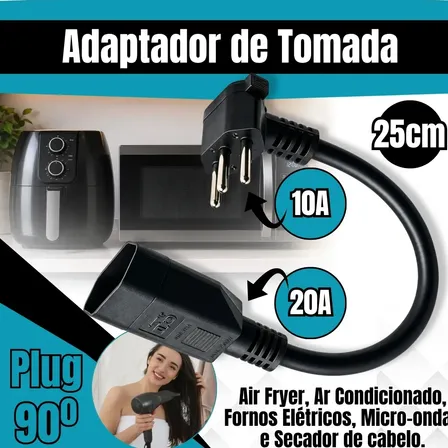 Adaptador De Tomada 90 grau 20A Para 10A Reforçado Bivolt Ar Condicionado Air Fry Micro-ondas Secador Cabelo
