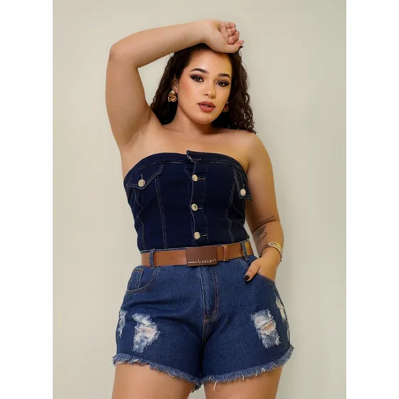 Short Jeans Plus Size Com Cinto E Cropped Jeans Conjunto