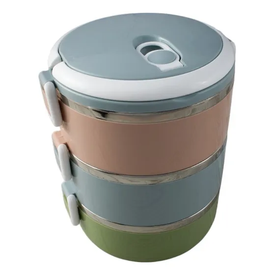 Lunchera Vianda Box De 3 Pisos De Acero Inox Redonda 2100ml