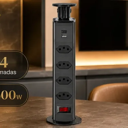 Torre 4 Tomada De Embutir Retrátil Multiplug Com USB-a E Tipo C P/ Bancada Granito Mármore Mesa Móvel Planejado Extensão Eletrica Bivolt