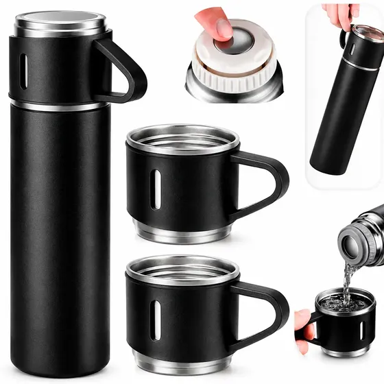 Garrafa Térmica Parede Dupla 500ml Antivazamento Aço Inox Com Kit 3 Xícara Café Agua Suco Bebidas Qu