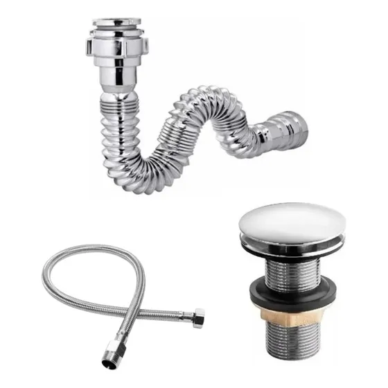Kit Lavabo Válvula Click Metal Sifão Universal Engate Inox 