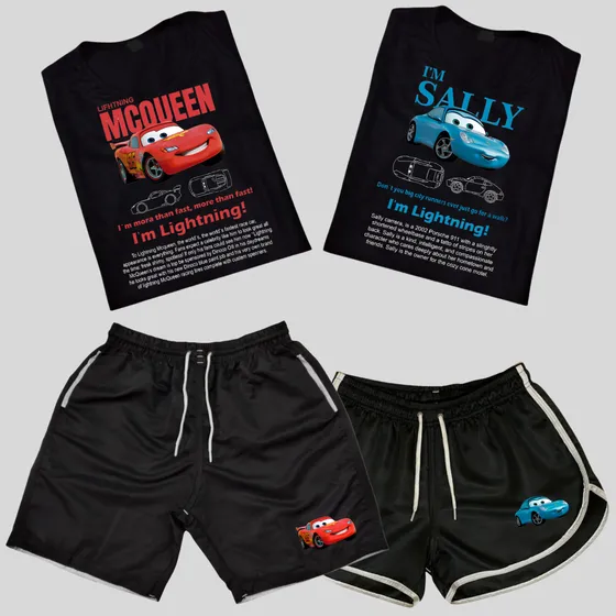 Conjunto Shorts Casais Namorados Mcqueen & Sally + 2 Camisas
