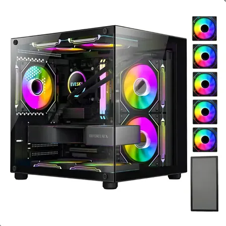 Gabinete Gamer Hayom Cube Vidro Temperado 5 Fans RGB Micro ATX Mini ITX Preto