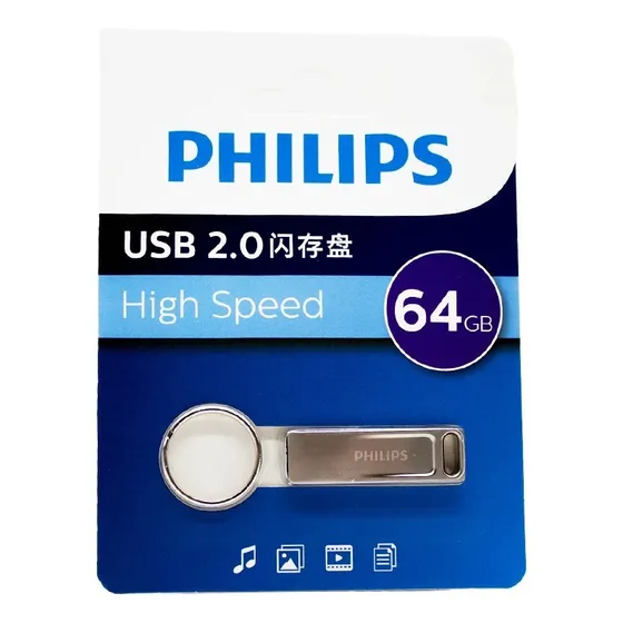 Pendrive Philips 64gb Flash Fm21 Usb 2.0 Metal Musica Video