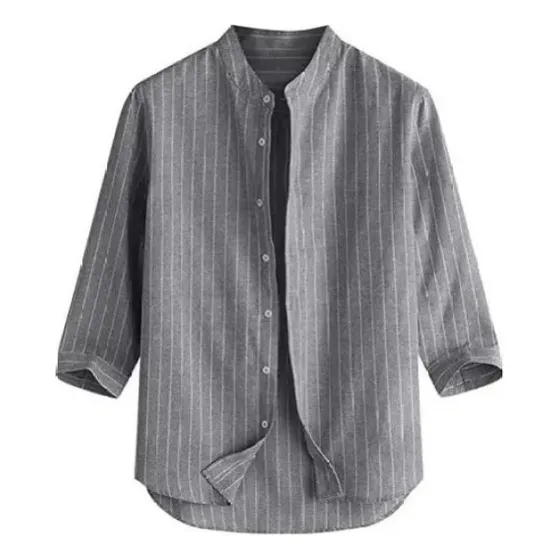 Camisa Listrada De Linho Masculina Manga Três Quartos Casual