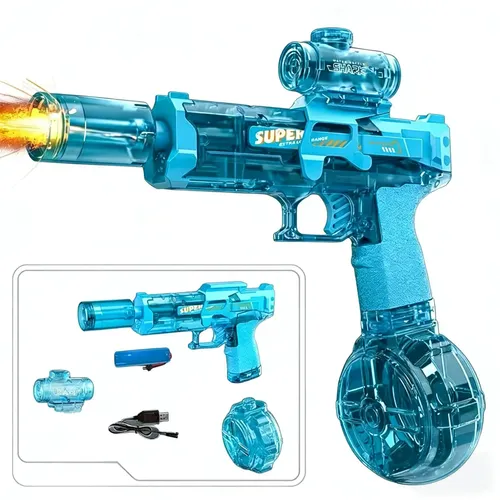 IEEILULU Pistola De Agua Eléctrica Con Luz Y Láser – Depósito De 750 Ml, Batería Doble (1200+500 MAh), Alcance 10 M, Modo Manual Y Eléctrico, Azul