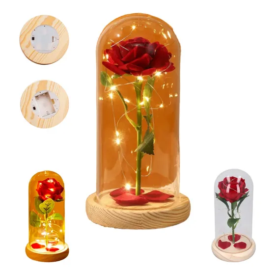 Rosa Eterna Led Regalo Mujer Flor En Cristal Base Madera