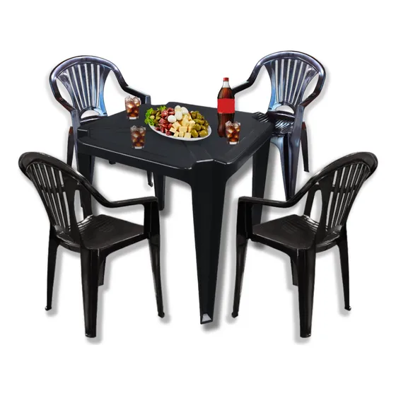 Kit Jogo De 1 Mesa E 4 Poltronas Plásticas Bar Festa Jantar Cor Preto