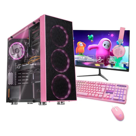 Xtreme Pc Gaming Amd Radeon Rx 6600 Ryzen 5 5500 16gb Ssd 500gb Monitor 23.8 144hz Wifi Pink