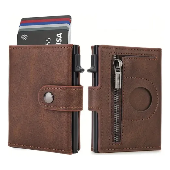Cartera Delgada Para Hombre Con Porta Airtag Y Bloqueo Rfid Marrón Oscuro Liso