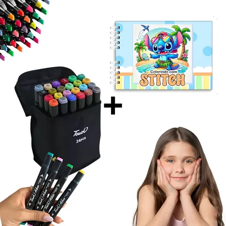 Livro De Colorir Bobbie Goods Rosa Capa Dura Folha A5 + Kit 24 Canetinha Holográfica Ponta Dupla Estojo Folha De Acetato