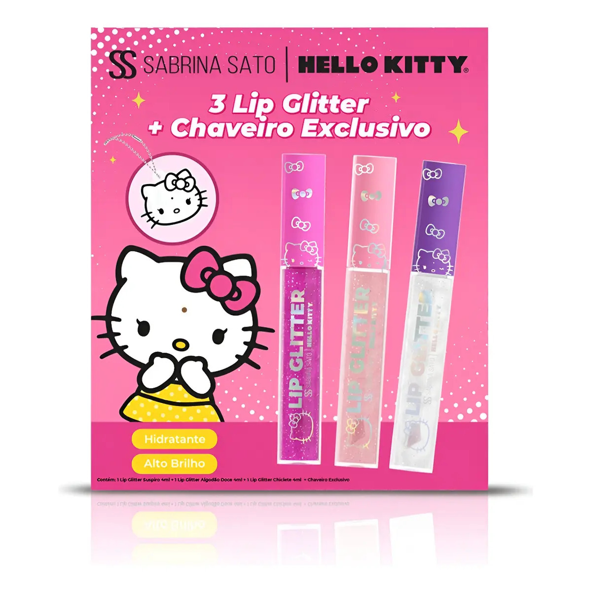 Kit Com 3 Lip Glitters + Chaveiro Espelhado Hello Kitty Kit Com 3 Lip Glitters + Chaveiro Espelhado Hello Kitty