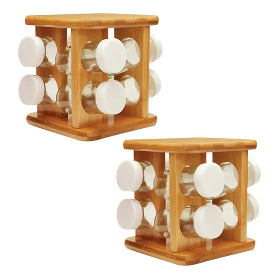 2x Organizador Temperos Giratório Ou Bambu Keep Com 9 Potes