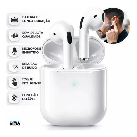 Fone De Ouvido Bluetooth Bateria de Longa Duração Pro 4 Branco Conecta Rápido Fast Plug — imagem 1