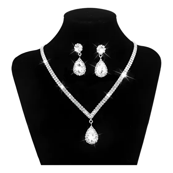 Conjunto Colar E Brinco Strass Noivas Festa Casamento Luxo Cor Prateado