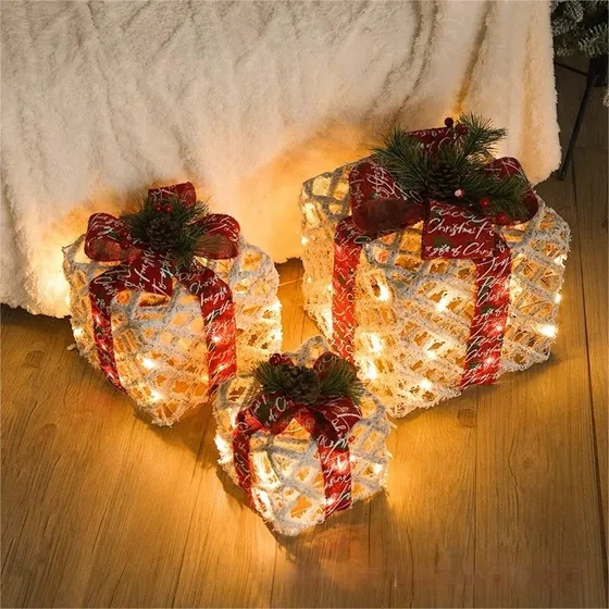 Juego De 3 Cajas De Regalo Brillantes Con Lazo Y Led