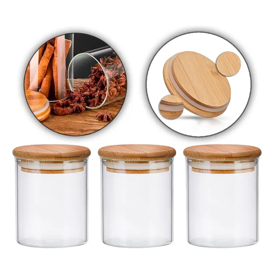 Kit 3 Potes Vidro Com Tampa Bambu Redondo Mantimentos 500ml