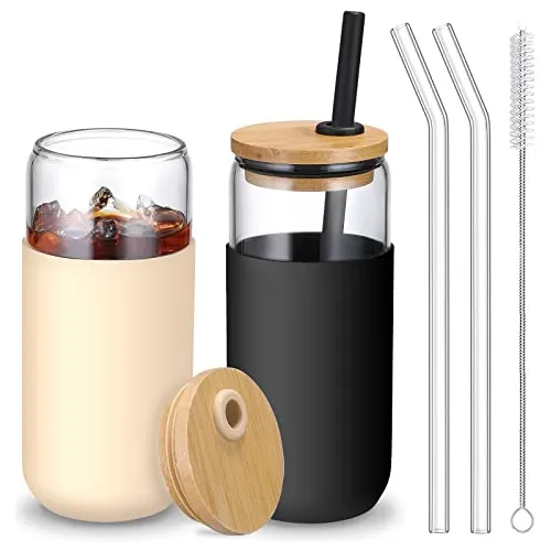 20 Copas De Vidrio Oz Con Bambú Lids Y Straws - Yh6rr