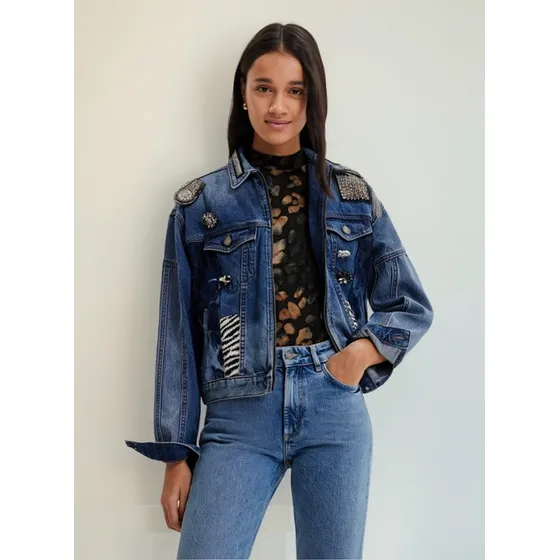 Desigual Chaqueta Jeans Cristales Y Aplicaciones