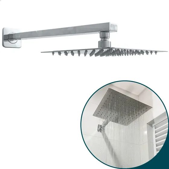 Chuveiro Gas Ducha Inox 20x20 Inox Quadrado Braço 40 Cm Gás De Parede Braço Chuveirão Piscina Ducha Fria Cascata Moderna Area Externa 20cm Inox Polido Dona D.cor