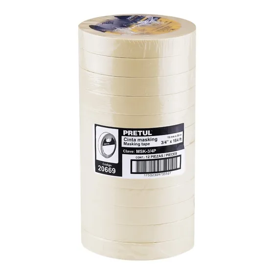 Paquete 12 Pz Cinta Masking Tape 3/4'' X 50 M Pretul 20669