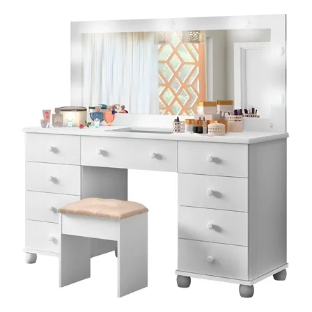 Penteadeira Camarim 9 Gav Com Led E Banqueta Potente Cor Branco Planet Baby