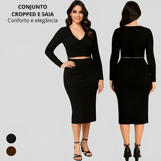 Conjunto Feminino Saia Midi E Cropped Manga Longa Canelado