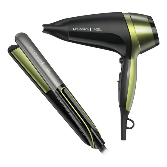 Combo Planchita Secador Remington S12a-d13a Shine Therapy Color Negro/verde