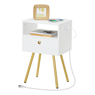 Mesita De Noche Con Carga Y Puertos Usb Blanco Dorado Mesita De Noche Con Carga Y Puertos Usb Blanco Dorado