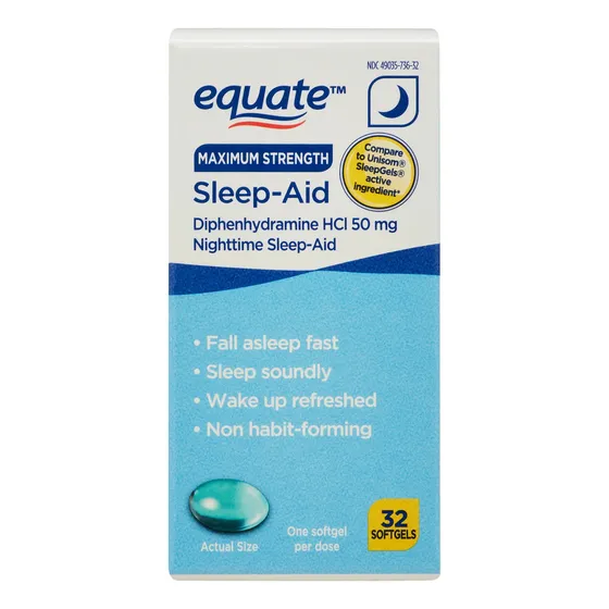 Equate Sleep Aid Dormir Fuerza Máxima 50 Mg Con 32 Softgels Sabor Sin Sabor