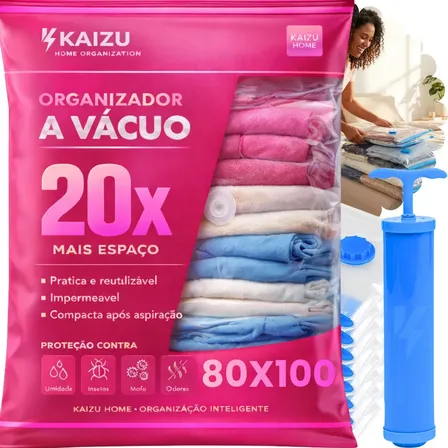 Kit 3x Saco A Vacuo 80x100 Cm Kaizu Grande Viagem Roupa Casaco Mala Edredom Cobertor Quarto Organizador Diminuir Volume Com Bomba Para Sugar Tira Ar Embalagem