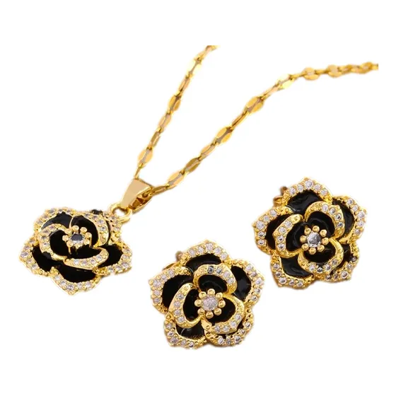 Collar Aretes Rosa Negra Para Mujer Conjunto Joyería Chapado