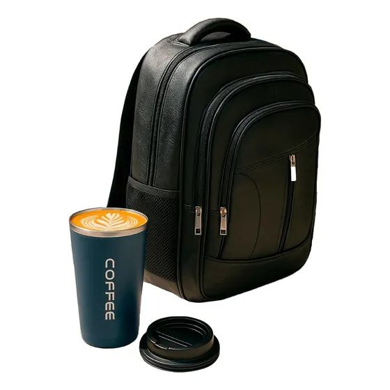 Mochila Ecocuero 3 Cierres + Vaso Termico 500ml De Regalo