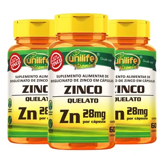 Kit 3 Zinco Quelato 60 CĂĄpsulas Unilife Sabor Natural Kit 3 Zinco Quelato 60 CĂĄpsulas Unilife Sabor Natural