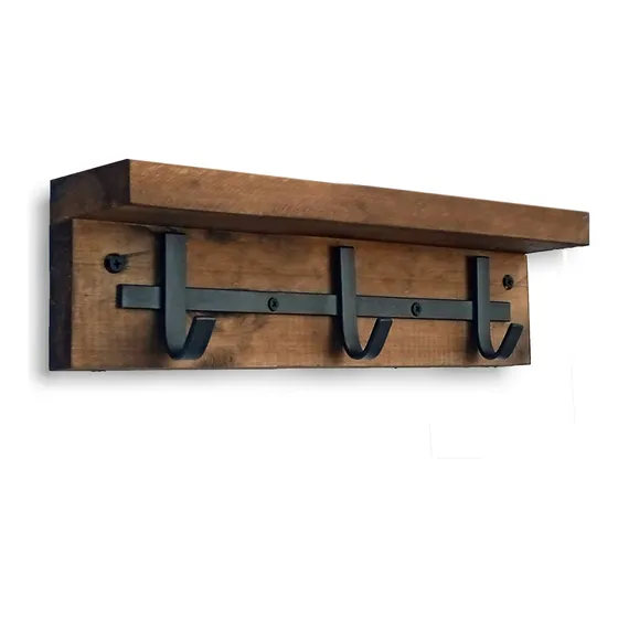 Perchero Pared Repisa Madera Hierro 3 Ganchos