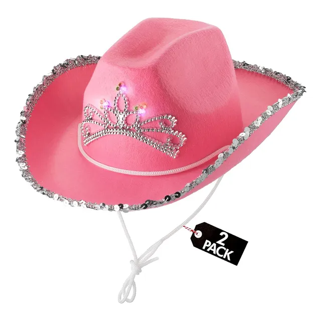Sombrero Vaquero Rosa Para Niñas, Tiara Parpadeante, 15x18cm