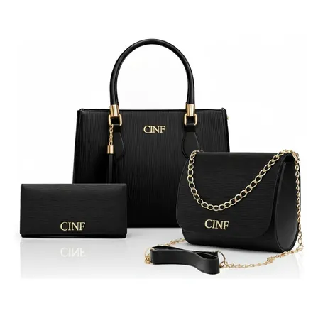 Kit Com 3 Peças Bolsas Feminina Transversal Média Tira Colo Carteira Cor Preta Cinf Liso Ouro Preto