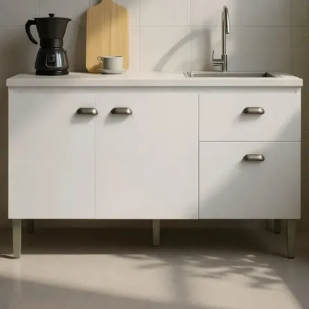 Gabinete De Pia Branco 120cm (1,20m) Balcão De Cozinha Multiuso 3 Portas 1 Gaveta Mdp Armário De Pia Armário De Cozinha Organizador Ideal Para Cozinha Compacta E Área De Serviço Corrediça Telescópica