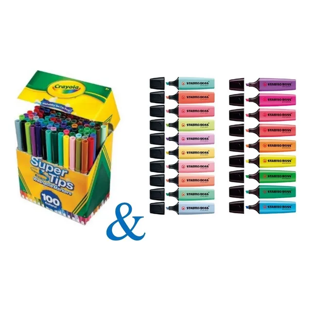 100 Plumones Crayola Super Tips + Stabilo Boss 19 Original