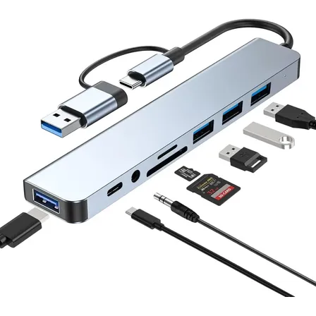 Hub Usb 3.0 8 En 1 Derocha Plateado Adaptador Múltiple Plateado