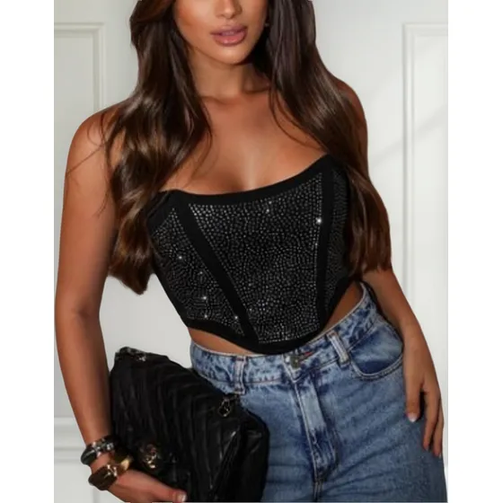 Cropped Corselet Corset Acinturado Preto Com Brilho Pedraria